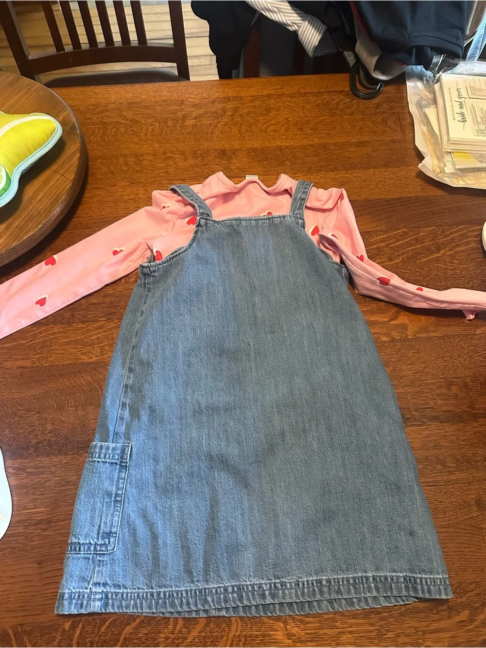 Old Navy Denim Pinafore with Pink Heart-Print Top